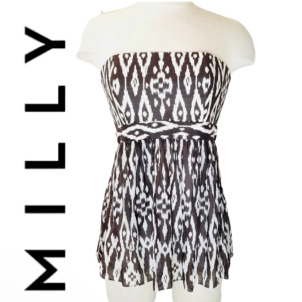 NEW Milly NY MILLY NY Vintage IKAT Print Strapless Top Size 6 Brown/White Blouse